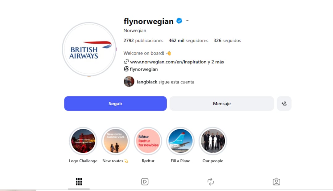 Tras el partido, Norwegian Air mantendrá el logo de British Airways en su perfil de Instagram por un día. Foto: @flynorwegian