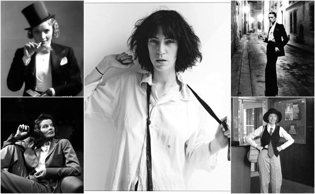 De izquierda a derecha: Marlene Dietrich, Katharine Hepburn, Patti Smith, Propuesta de Yves Saint Laurent, y Diane Keaton