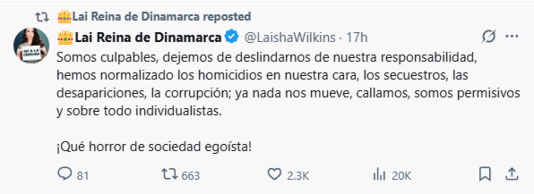 La publicación de la actriz ya cuenta con 20 mil visualizaciones y 2 mil reacciones. Foto: Captura de pantalla @LaishaWilkins