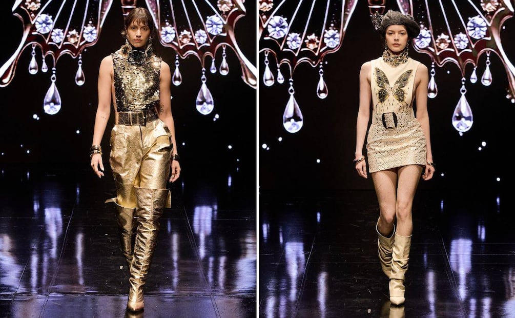 El dorado fue uno de los tonos destacados. Las modelos lucen calzado de Dante. Foto: Cortesía Intermoda