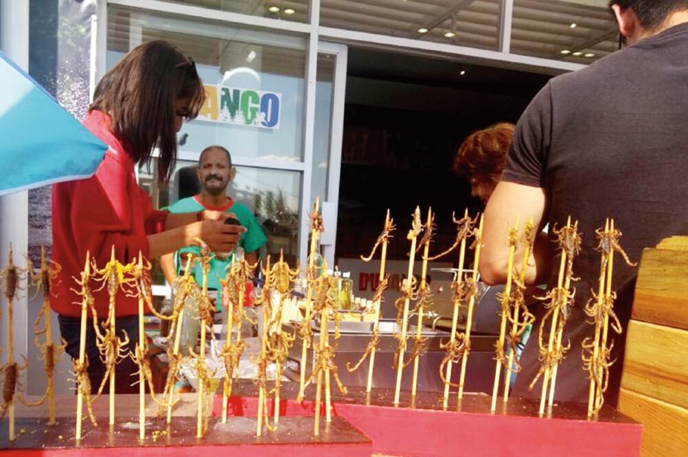 En el pabellón de Durango, en la Feria de San Marcos, los alacranes de la sierra son el platillo principal. Se venden fritos, con un toque de mezcal, y “saben a chicharrón”, aseguran los consumidores (XÓCHITL ÁLVAREZ. EL UNIVERSAL)