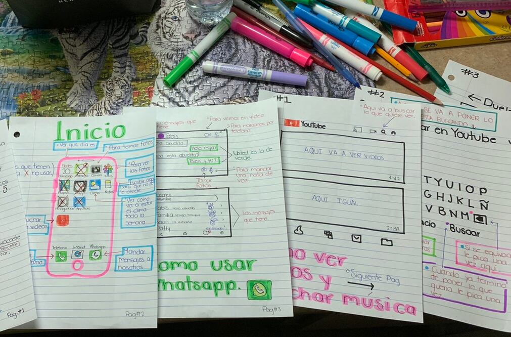 La guía que hizo la joven para su abuela incluye la explicación para enviar un WhatsApp y utilizar Youtube