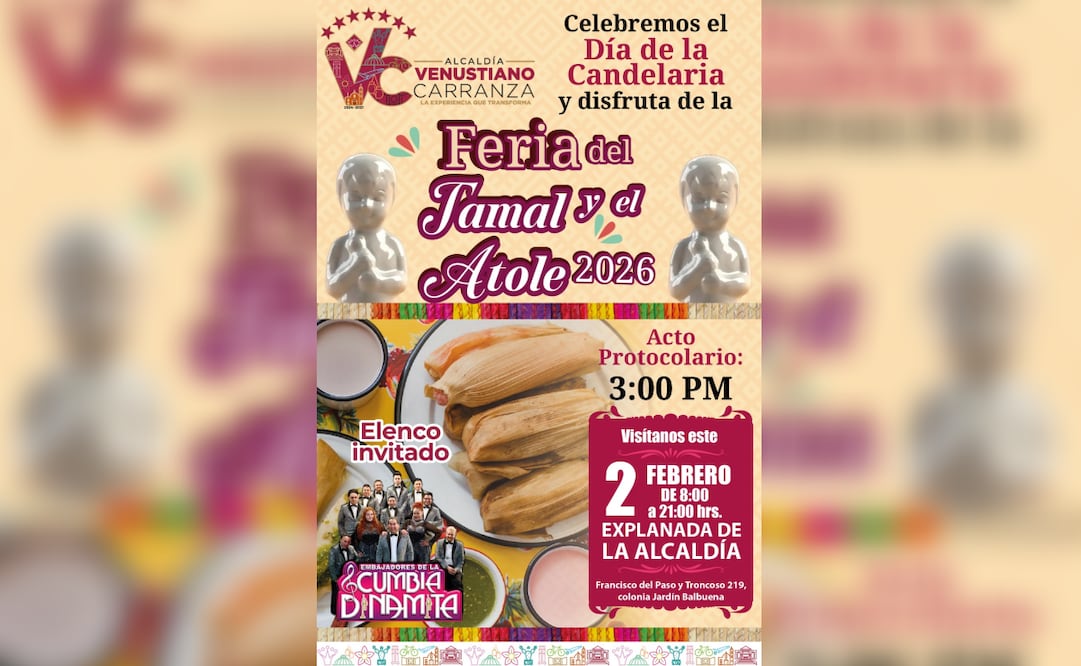 Alcaldía Venustiano Carranza invita a la Feria del Tamal y el Atole 2026; participarán mujeres indígenas emprendedoras.
Foto: Especial.