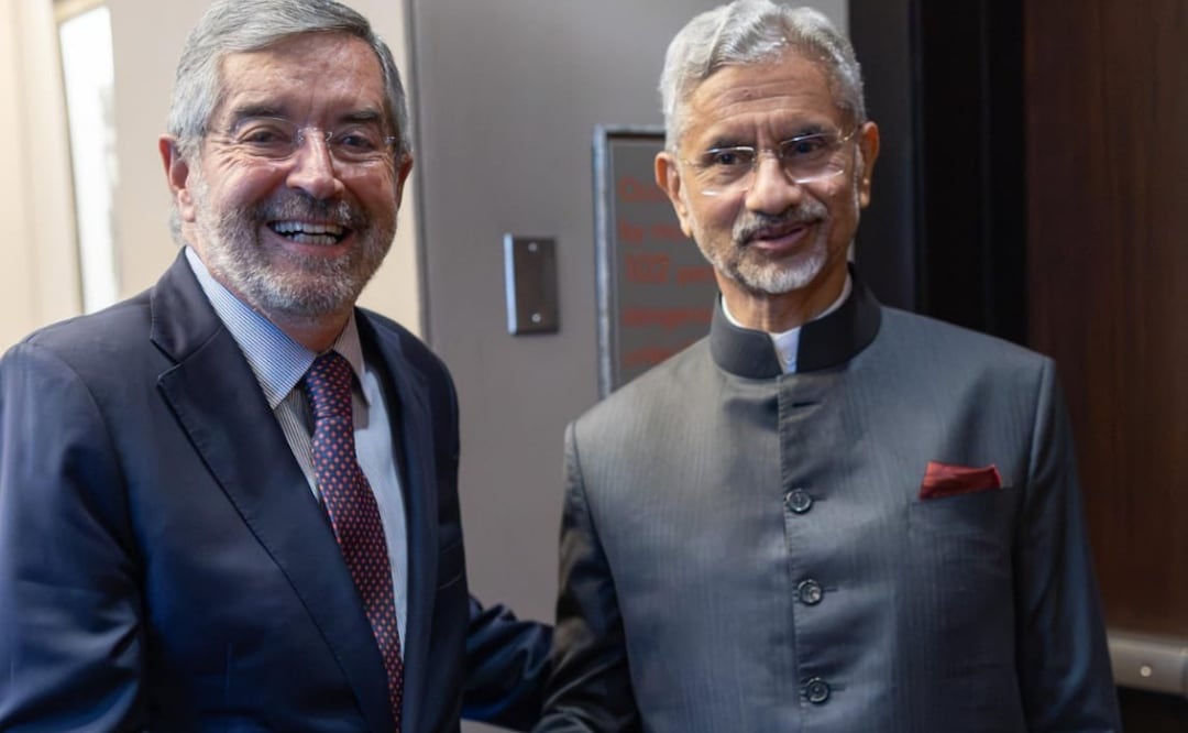 Juan Ramón de la Fuente, titular de la Secretaría de Relaciones Exteriores (SRE) durante encuentro con su par de India, Subrahmanyam Jaishankar (24/09/2025). Foto: Especial