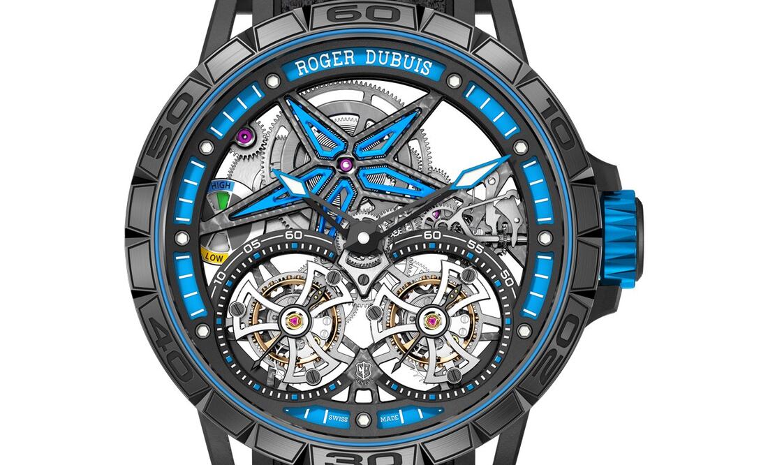 El nuevo Excalibur Spider Pirelli Doble Tourbillon Volante tiene un indicador de reserva de marcha multicolor y la correa de caucho elaborada con neumáticos usados en la Fórmula 1.