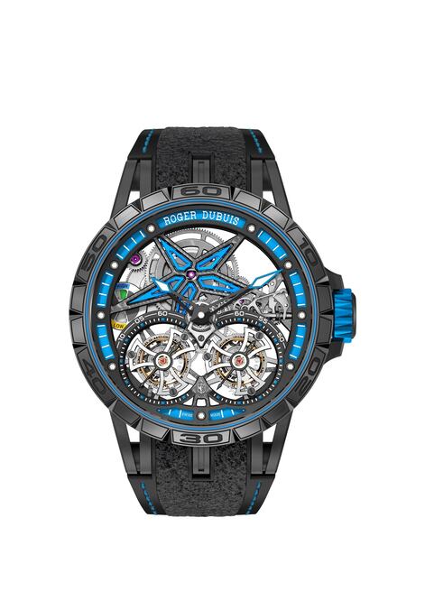 El nuevo Excalibur Spider Pirelli Doble Tourbillon Volante tiene un indicador de reserva de marcha multicolor y la correa de caucho elaborada con neumáticos usados en la Fórmula 1.