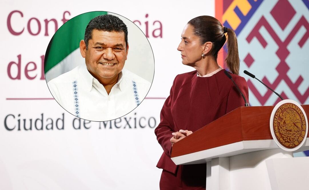 Claudia Sheinbaum, presidenta de México, durante la mañanera del 13 de febrero del 2025 en Palacio Nacional. En el círculo Javier May, gobernador de Tabasco. Fotos: Luis Camacho / EL UNIVERSAL y Especial