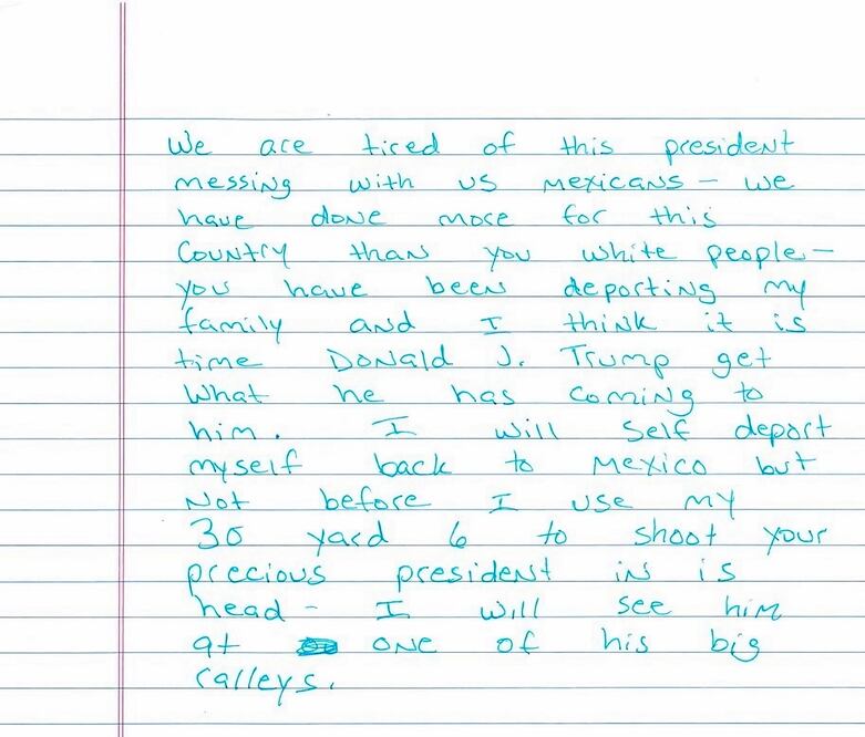 Fotografía cedida por el Departamento de Seguridad Nacional (DHS) de Estados Unidos de la carta en la que se amenaza con asesinar al presidente de Estados Unidos, Donald Trump. Foto: EFE