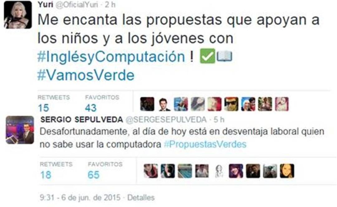 Ayer el PAN y Morena denunciaron que alrededor de 24 artistas y conductores de Televisa y TV Azteca enviaron tuis de apoyo al PVEM, en una presunta estrategia para violar la veda electoral. FOTO: Tomada de Twitter/@OficialYuri.