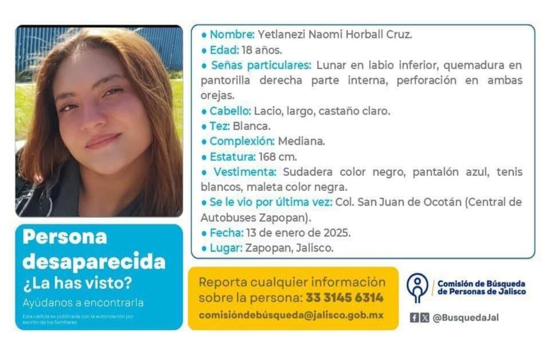 Emiten ficha de búsqueda para localizar a Yetlanezi Naomi; fue vista por última vez en la Central de Autobuses en Zapopan. Foto: Especial