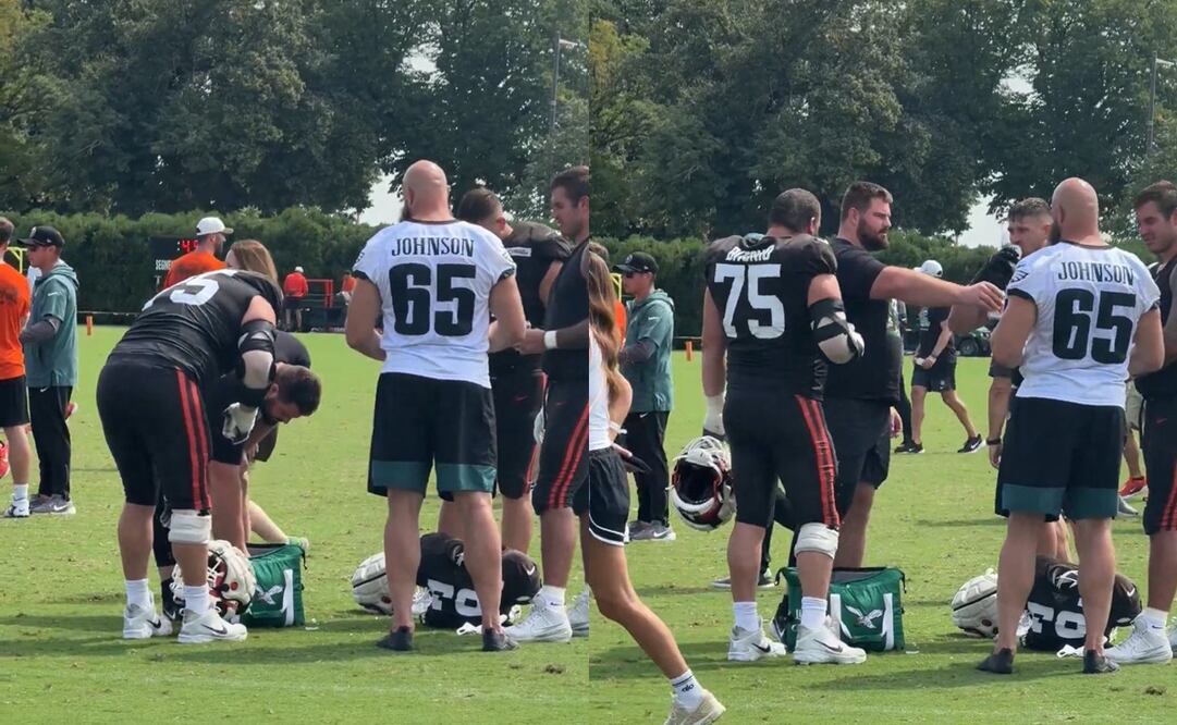 Landon Dickerson, quien se está recuperando de una cirugía, llevó cervezas a la práctica conjunta entre Eagles y Browns | FOTO: Especial
