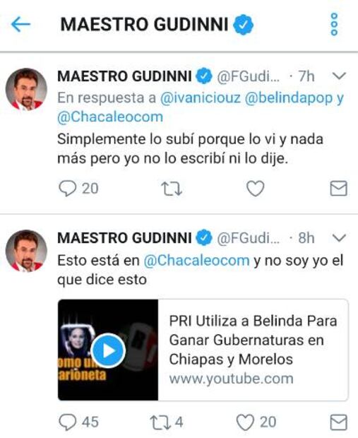 Belinda y Alfredo Gudinni se enfrentan en Twitter