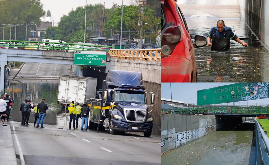 Bajopuentes de Boulevard Puerto Aéreo y Avenida 8 (izq.) y Eje 4 con Río Churubusco, así como accesos a la TAPO amanecieron anegados por la tormenta del domingo. Fotos: Francisco Rodríguez y Darío Luna / EL UNIVERSAL