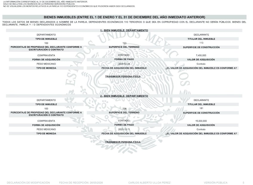 El funcionario se hizo de ambos departamentos con pagos al contado, de acuerdo con su declaración patrimonial.