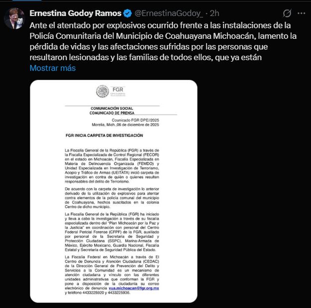 Ernestina Godoy anuncia investigación por coche bomba en Michoacán / Captura de pantalla