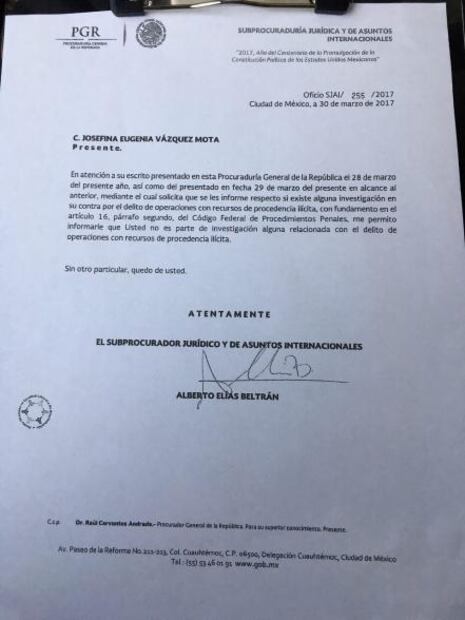 Deslinda PGR a Josefina de lavado, pero no a la familia