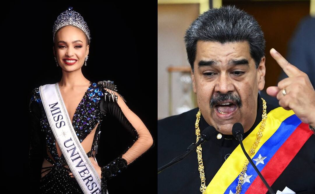 R'Bonney Gabriel, quien triunfó en Miss Universo 2023, y Nicolás Maduro. Foto: EFE - AFP