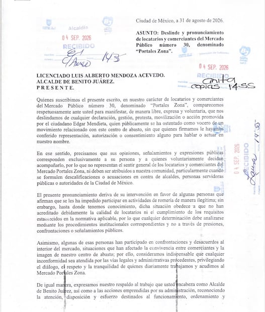 Escrito de locatarios de mercados de Benito Juárez el pasado 31 de agosto del 2026. Foto: especial