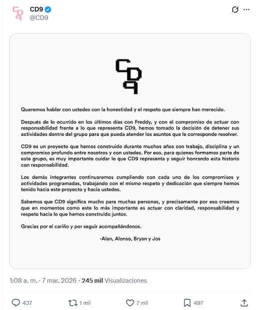 CD9 confirmó en redes sociales el cese de actividades por parte de uno de sus integrantes. Foto: Captura de pantalla X