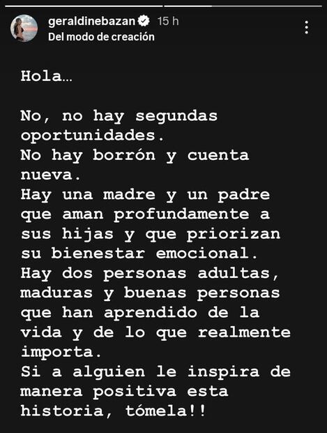 La actriz Geraldine Bazán publica mensaje en el que niega un regreso con su ex Gabriel Soto.