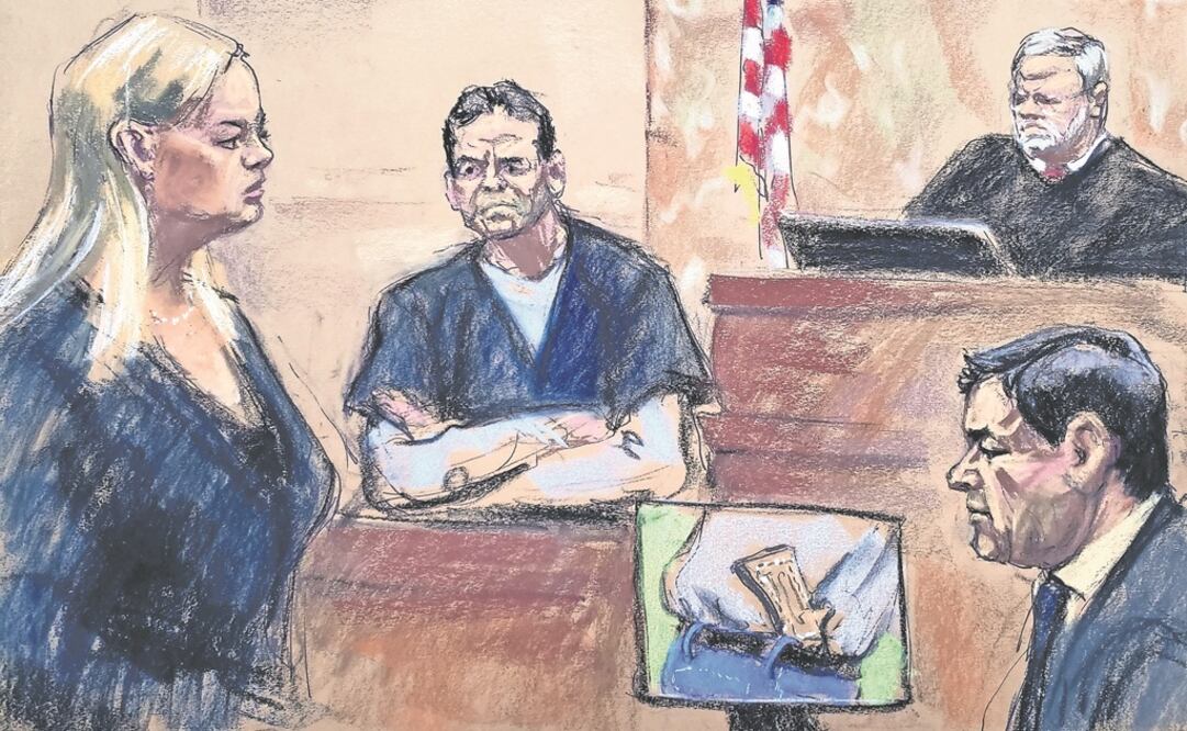 Ilustración del juicio contra El Chapo, donde aparecen la fiscal Amanda Liskamm (izq.) y Vicente Zambada (centro), hijo de Ismael El Mayo Zambada. Foto: JANE ROSENBERG. EFE