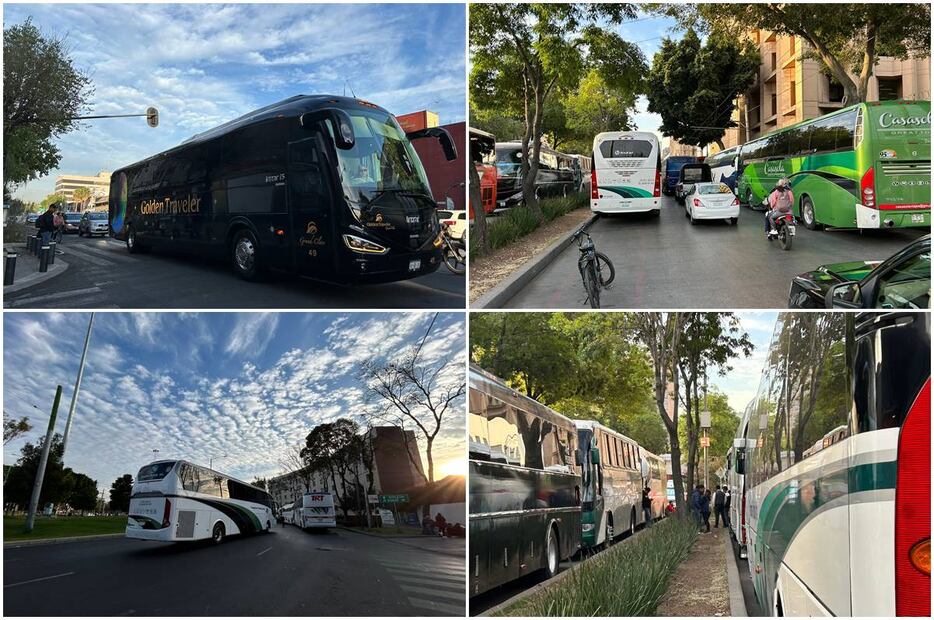 Autobuses con simpatizantes de Claudia Sheinbaum. Fotos: Iván Montaño