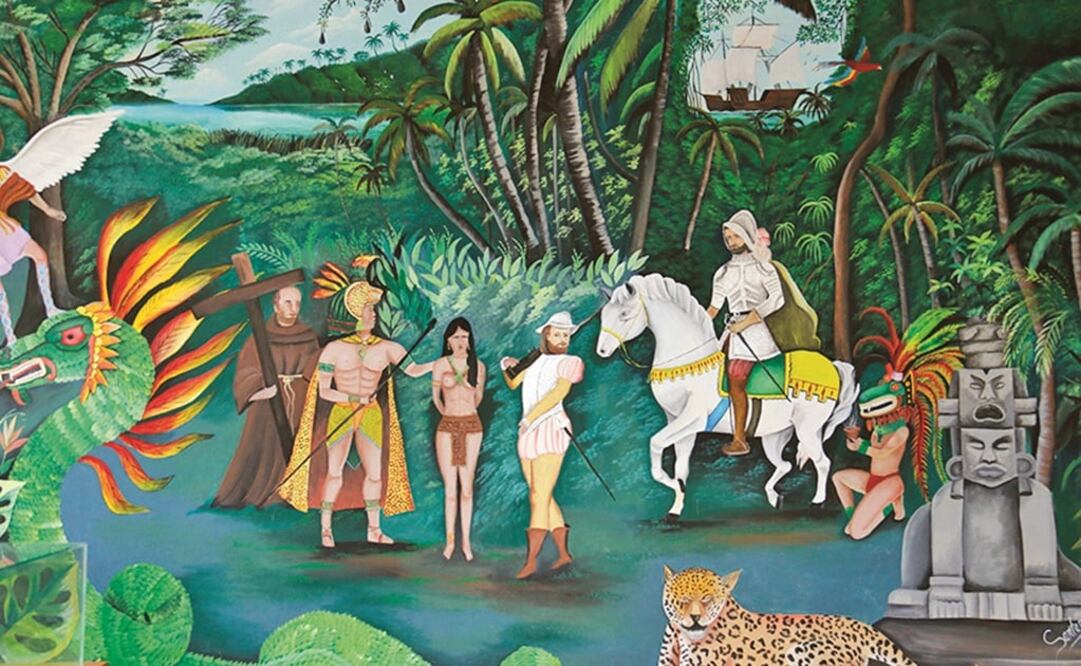 Aspecto de mural que muestra el encuentro de chontales de Tabasco y españoles, pintado por Ernesto Santana en el museo comunitario de San Román. Luma López / EL UNIVERSAL