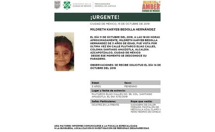 Desaparece Mildreth Karyeb de 3 años en Azcapotzalco; llevaba tenis de conejo