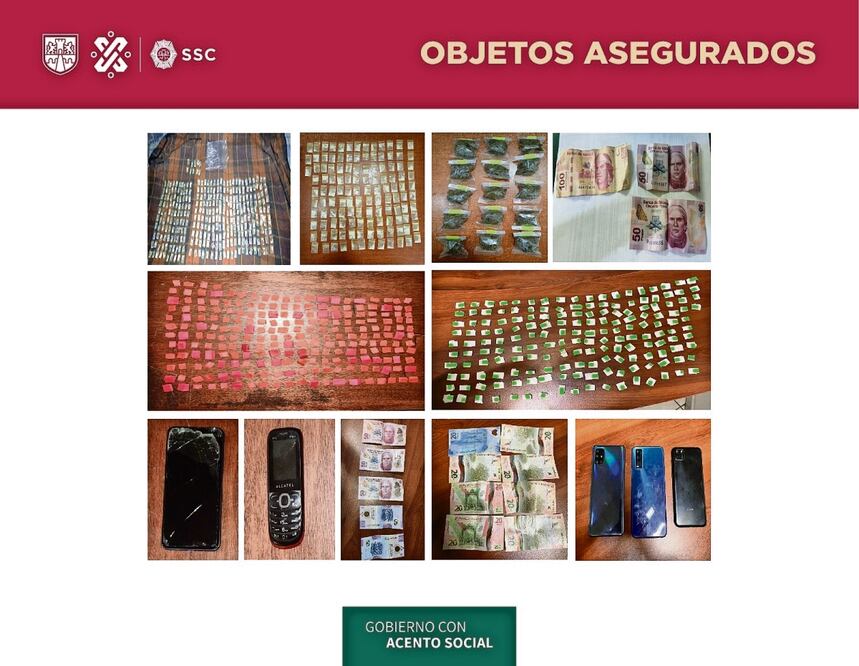 Se les aseguró 845 dosis de drogas, teléfonos celulares y efectivo. Foto: Especial