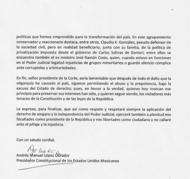 Lee la carta completa que envío AMLO a la SCJN para investigar a juez que frenó su ley eléctrica