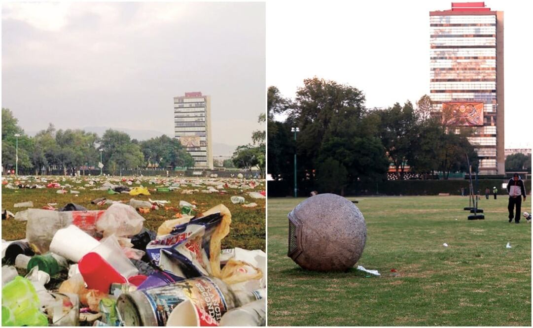 Comparado con otras ocasiones, fue evidente que hubo menos cantidades de basura en el campos tras la fallida "Mega Peda". /Especial - EL UNIVERSAL