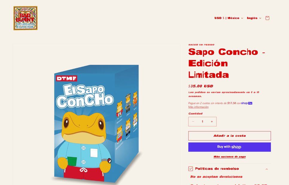 Bad Bunny lanza a la venta muñecos del Sapo Concho. Fotos: Captura de pantalla