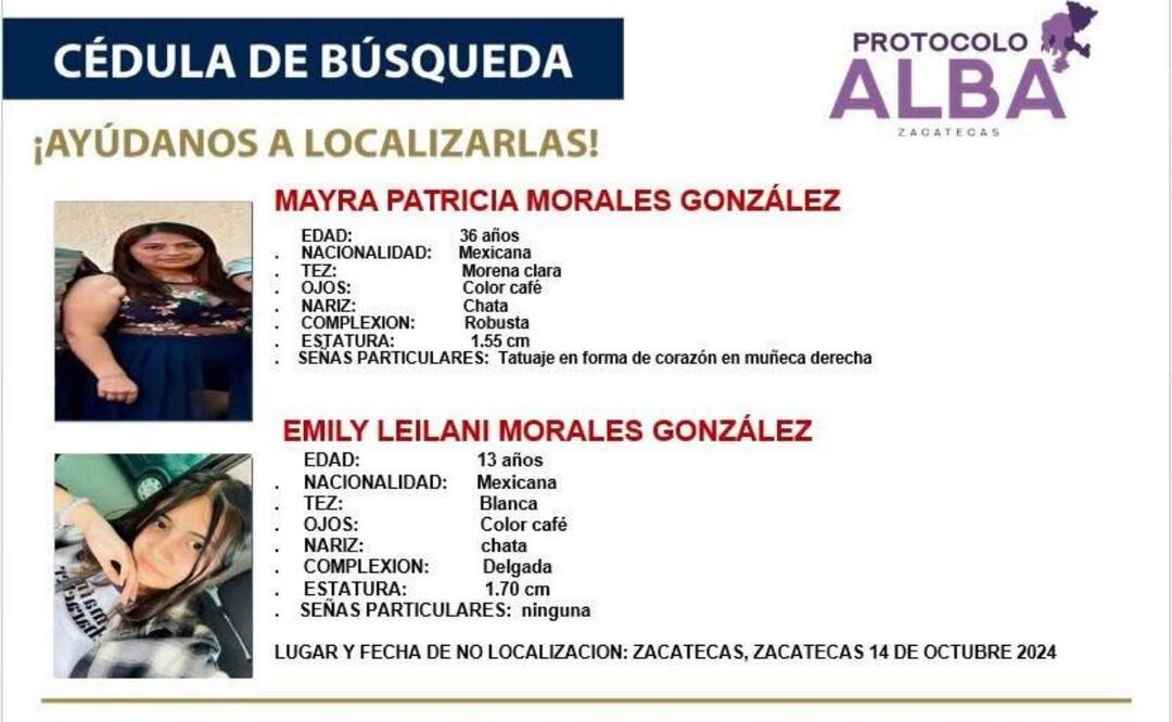 Mayra Patricia y Emily Leiliani Morales González, de 36 y 13 años, respectivamente, tenían ficha de búsqueda desde hace siete meses en Zacatecas (15/05/2025). Foto: Especial