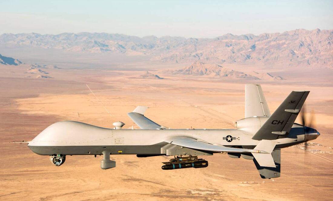 Vehículo aéreo no tripulado MQ-9 Reaper (UAV o dron) sobrevolando el campo de pruebas y entrenamiento de Nevada en enero de 2020. FOTO: AFP