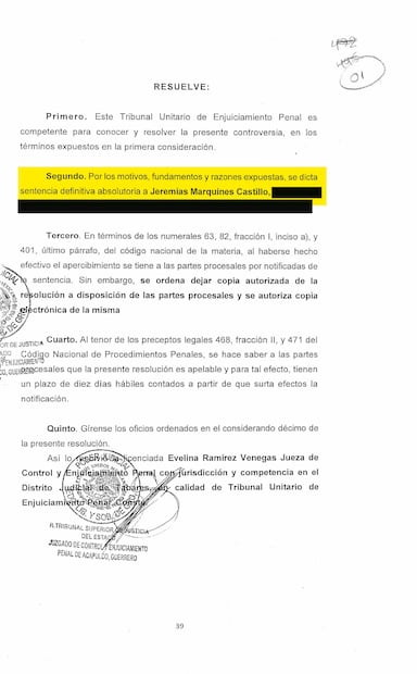 La sentencia definitiva absolutoria primera a favor de Jeremías Marquines, fue emitida
el 27 de febrero de 2024.