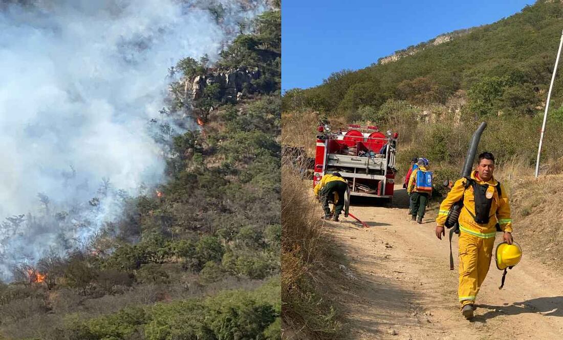 Ante el incendio a causa de la quema de zacate, comúnmente conocido como pasto, en Tulancingo, Hidalgo, bomberos acudieron a combatir el fuego. Fotos: Especiales