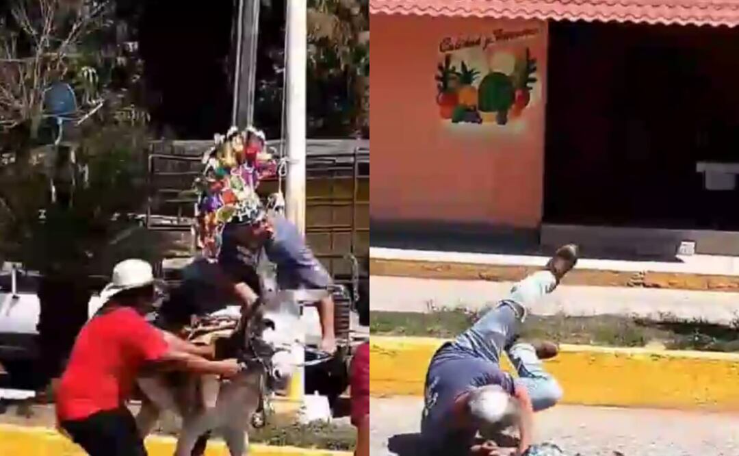El alcalde de Atlapexco, Hidalgo se cae de un burro durante festejos del carnaval (05/03/2025). Foto: Especial