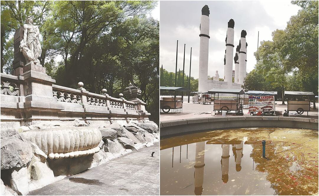 Las fuentes de la Primera Seccion del Bosque están secas y, algunas, abandonadas; además, alrededor hay vendedores ambulantes, señala el arquitecto Fel i p e Leal. A la izquierda, fuente de La Templanza, a la derecha la del Museo de Arte Moderno y, al fon