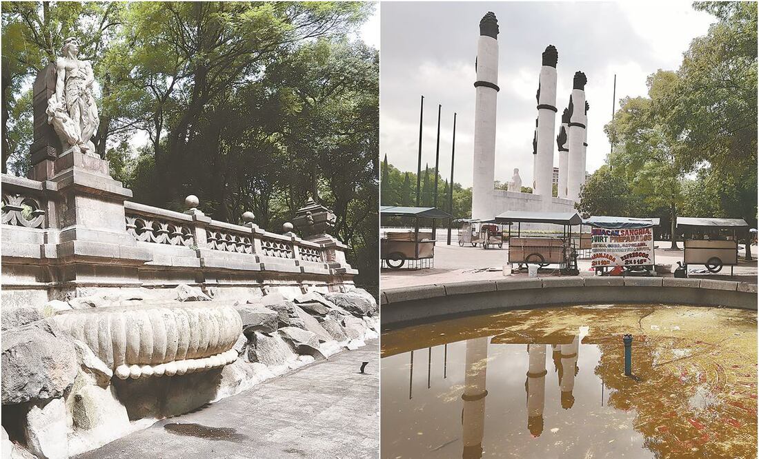 Las fuentes de la Primera Seccion del Bosque están secas y, algunas, abandonadas; además, alrededor hay vendedores ambulantes, señala el arquitecto Fel i p e Leal. A la izquierda, fuente de La Templanza, a la derecha la del Museo de Arte Moderno y, al fon