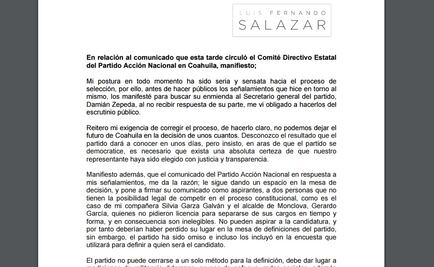 Salazar lanza contrarréplica al PAN: aspirantes son "inelegibles"