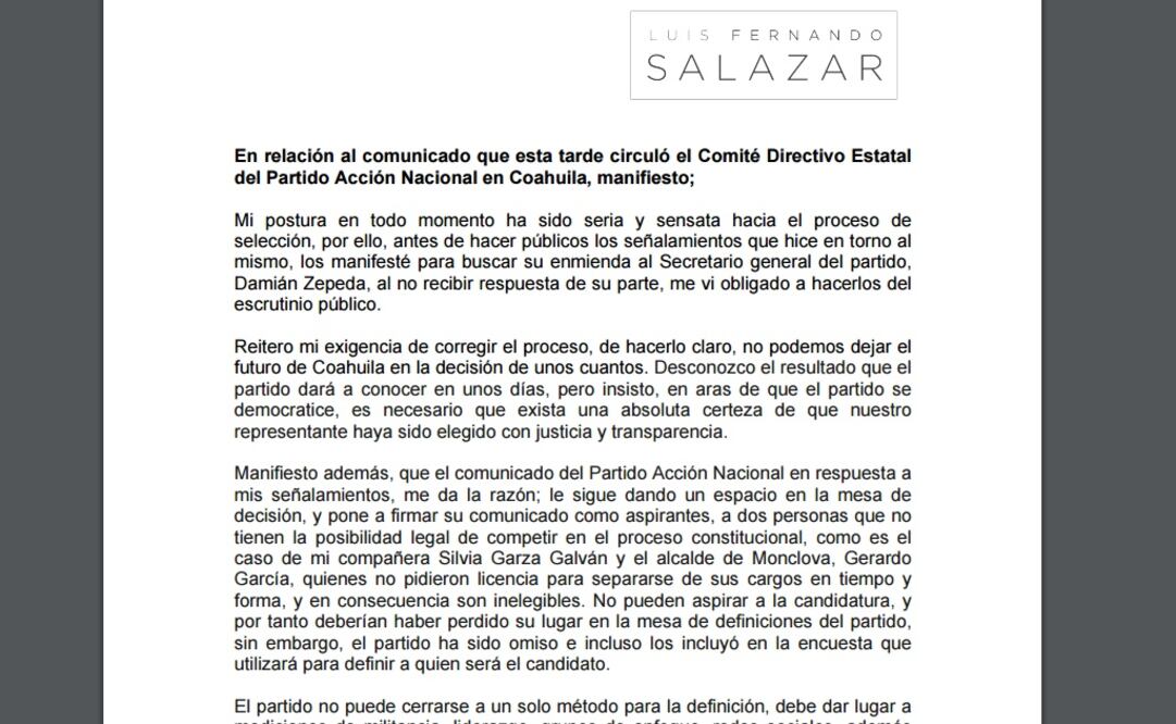 Aspecto de la carta que el senador con licencia envió a EL UNIVERSAL