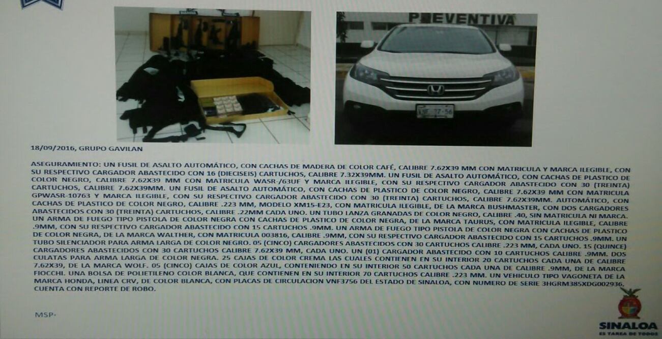 La camioneta, las armas, cargadores y cartuchos, fueron asegurados y puestos a disposición de la delegación de la Procuraduría General de la República (PROCURADURÍA DE SINALOA)