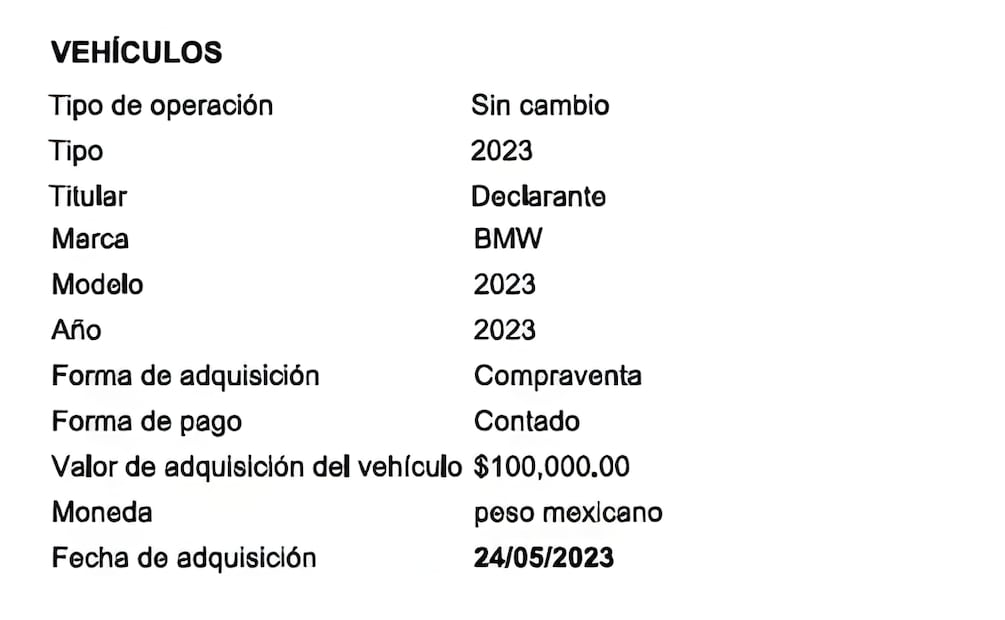 El secretario de seguridad reportó un BMW del 2023 adquirido ese mismo año por 100 mil pesos. | Captura de su declaración patrimonial.