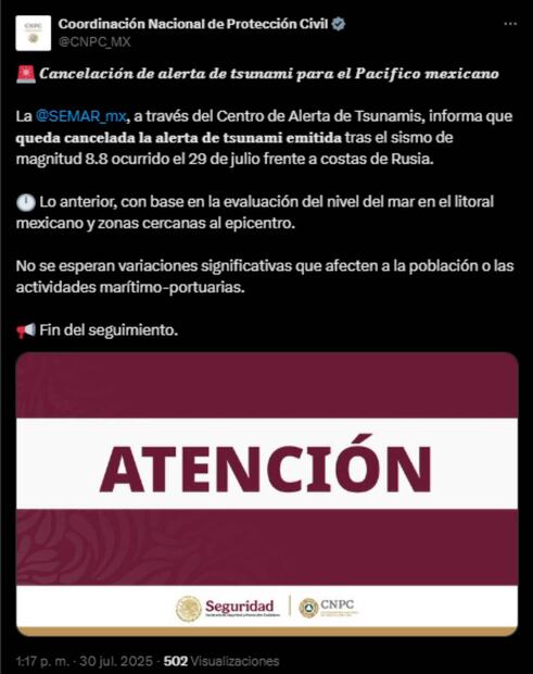 La Semar, a través del Centro de Alerta de Tsunamis, informa que queda cancelada la alerta de tsunami emitida tras el sismo en Rusia. Foto: Captura de pantalla de la cuenta de X de @CNPC_MX.