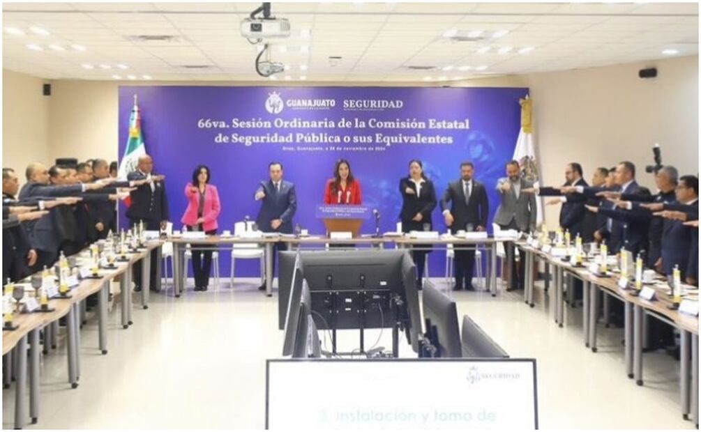 Gobernadora de Guanajuato en reunión con los titulares Seguridad de los 46 municipios del estado (28/11/2024): Foto: Especial