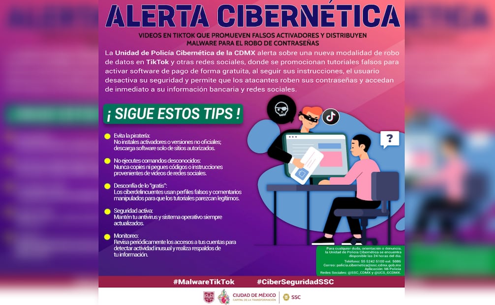 Policía Cibernética alerta por falsos activadores en TikTok; advierten robo de datos y contraseñas mediante malware.
Foto: Especial.