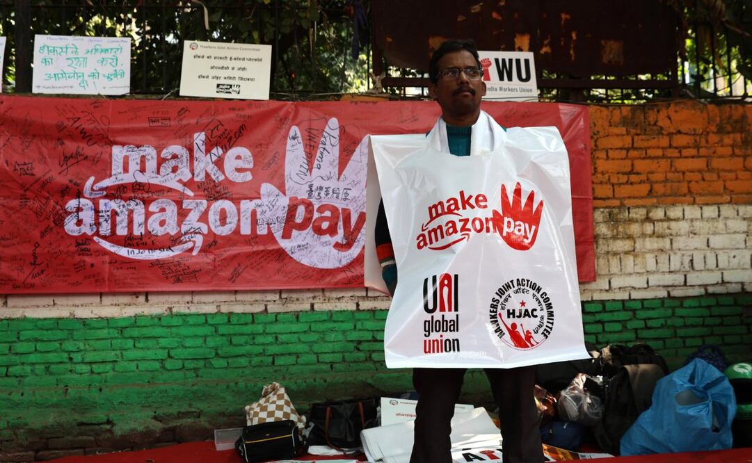 Protestas de trabajadores de Amazon en India. Foto: EFE