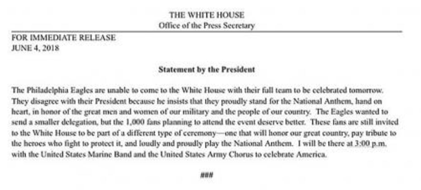 ​Trump cancela visita de los campeones Eagles a la Casa Blanca