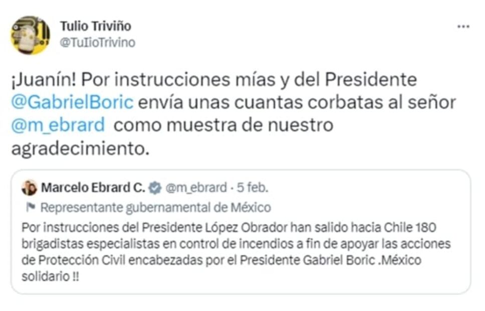 Tulio Triviño, de 31 minutos, "ordena" enviar corbatas a Ebrard por ayuda a Chile ante incendios forestales