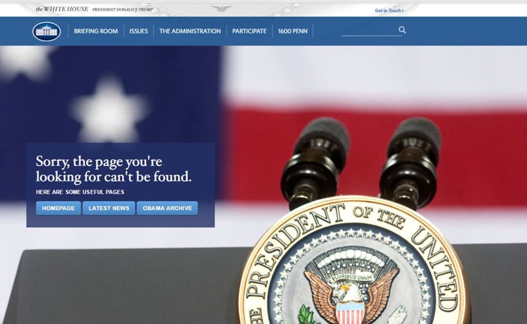 "Sorry, the page you're looking for can't be found (Disculpe, la página que está buscando no puede encontrarse)" es el mensaje que se encuentran ahora los internautas que intentan acceder a la página www.whitehouse.gov/espanol (Foto: Especial)